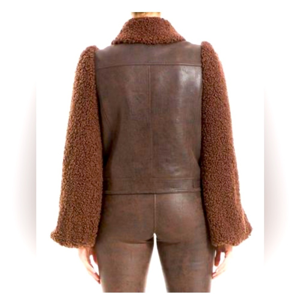 ‼️SOLD‼️MAX STUDIO CHOCOLATE BROWN LEATHERETTE BOMBER JACKET NWT - Picture 2 of 4